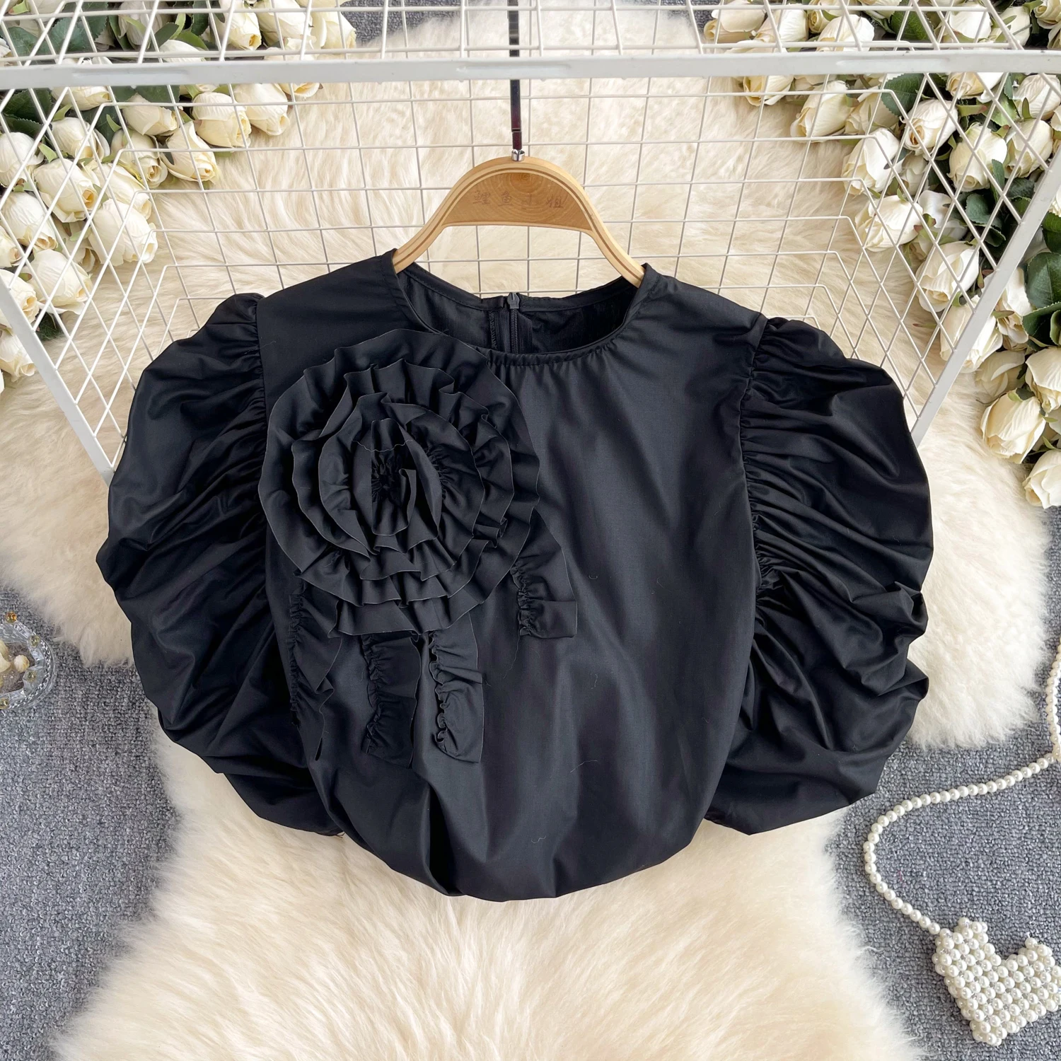 French Vintage Elegant O-Neck Three-dimensional Flower puff sleeve  Blouse Fashion Chic Top Spring Summer Women Shirt