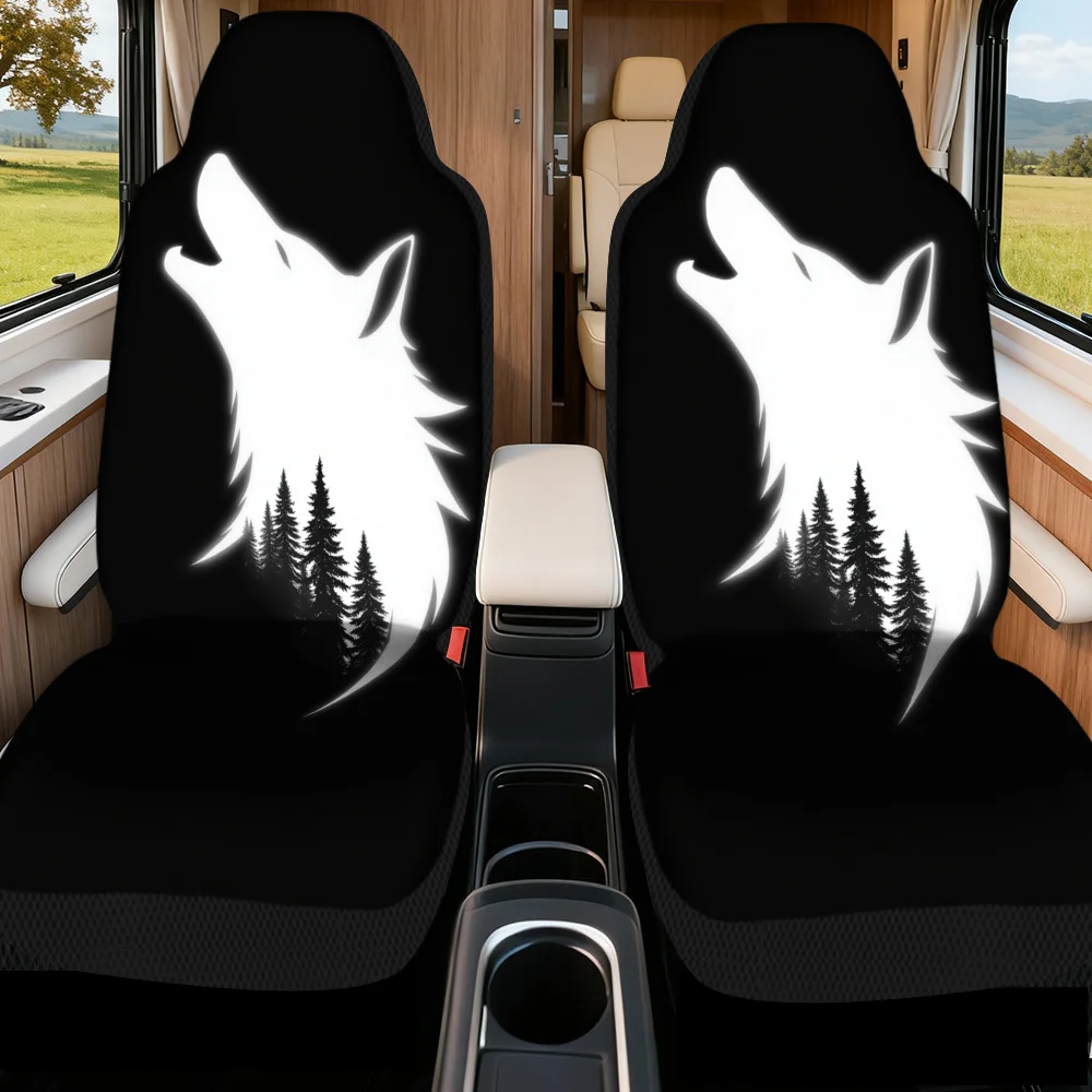 2pcs Wolf Howl And Pine Silhouette Pattern Car Seat Covers | Compatible With Most Sedan And SUV Front Seats, Stylish Upgrade For