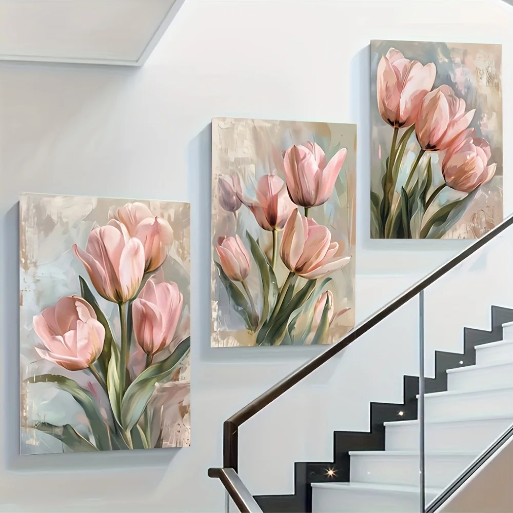 Tulip Canvas Wall Art Print Set de 3 - Pinturas florales elegantes sin marco para sala de estar, dormitorio, pasillo - Lux de luz moderna