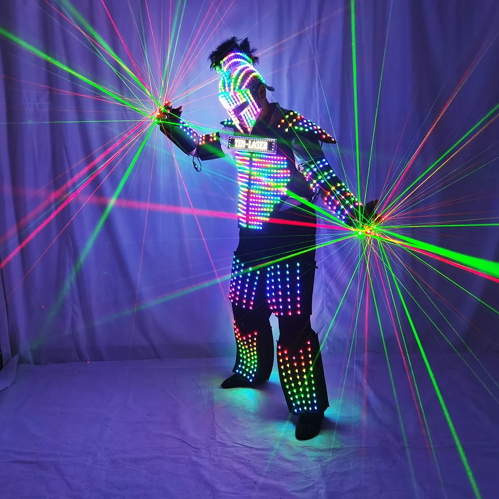 

Nightclub Bar Party LED Luminous Dance Costume Clothes With Led Helmet Glowing Robot Suit