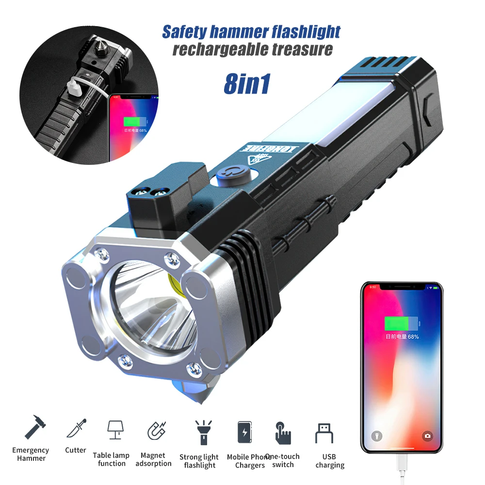 Powerful LED Flashlight Safety Hammer self-defense Torch USB Rechargeable Multi-functional P100 Built-in Battery Waterproof Lamp