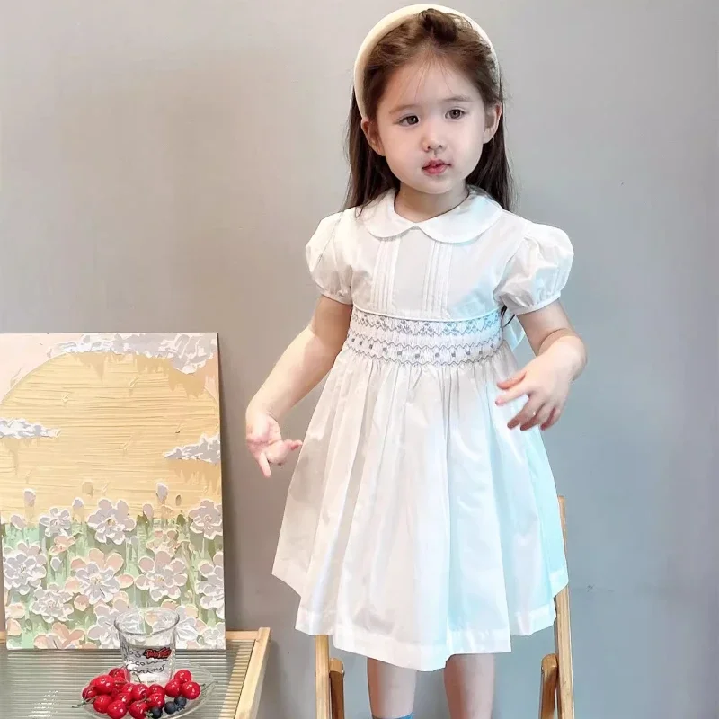 

2024 Kids Girls Handmade Smocking White Spanish Dress with Shorts Matching Children Birthday Baptism Frocks Baby Smocked Clothes