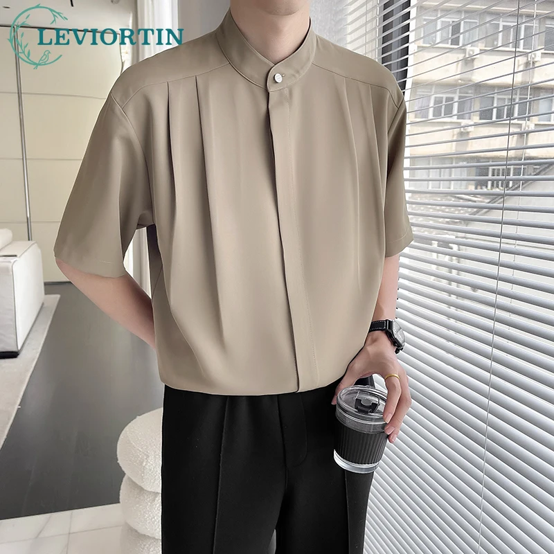 

Business Casual Chinese Style Stand Collar Solid Color Half Sleeve Shirt For Men Summer 2023 Ice Silk Business Casual Top Blouse