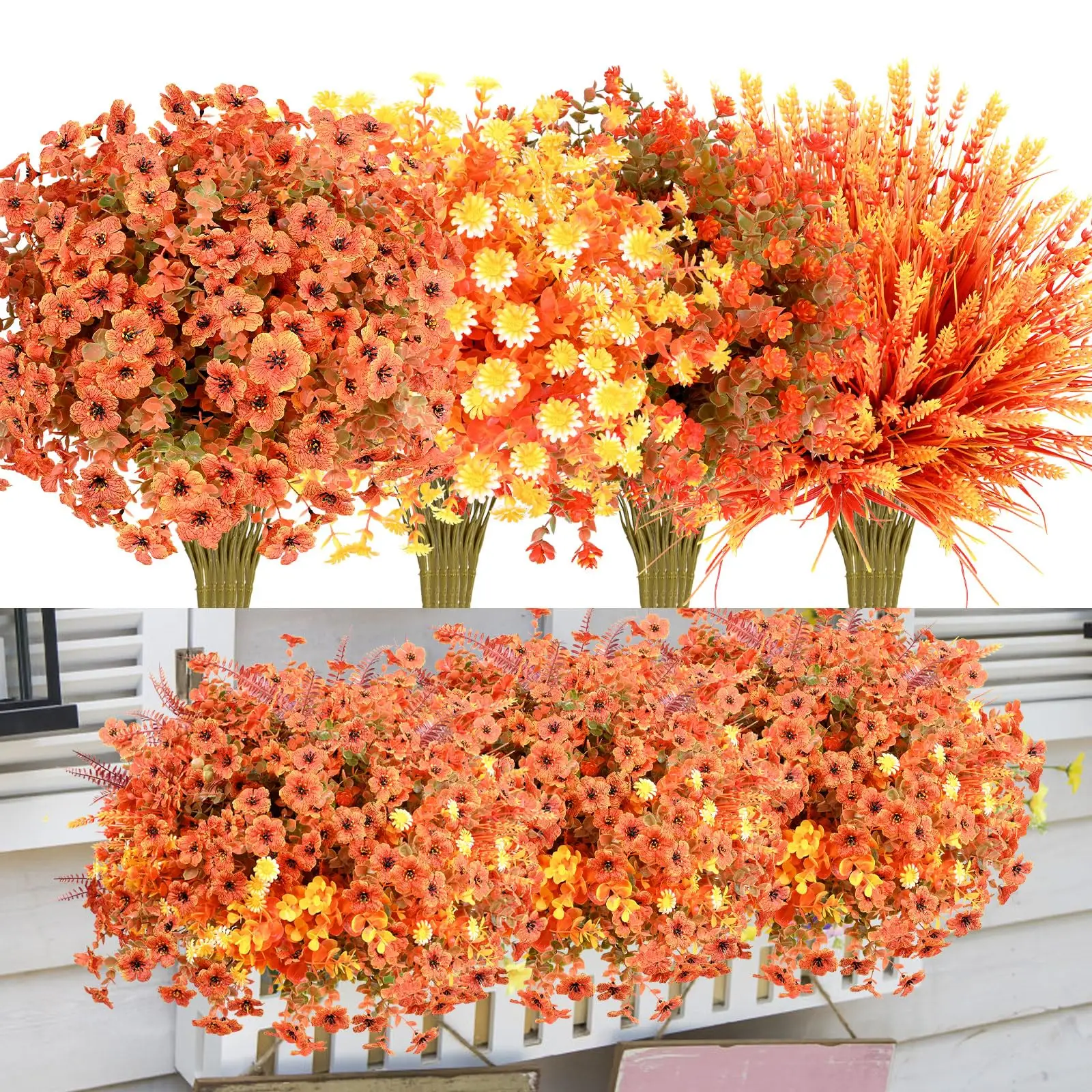 Artificial Fall Flower for Outdoor Decor Fake Mum,16PCS Faux Mum Fall Decor Indoor No Fade Fall Decor for Front Porch Pot Decor