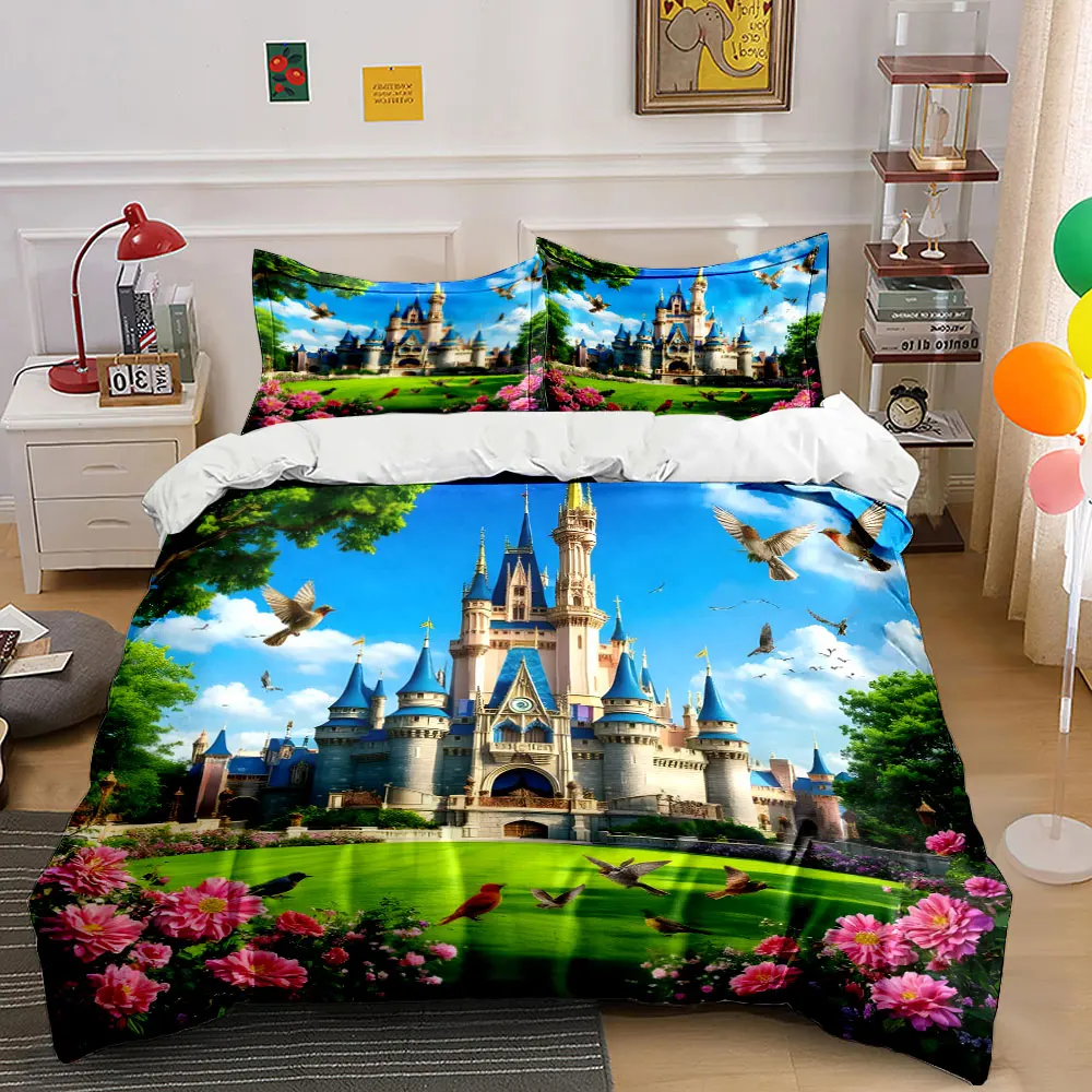Fairytale Castle with Birds and Garden Bedding Set for Kids Luxury Gift 3pcs Digital Print Comforter Set Soft Comfortable