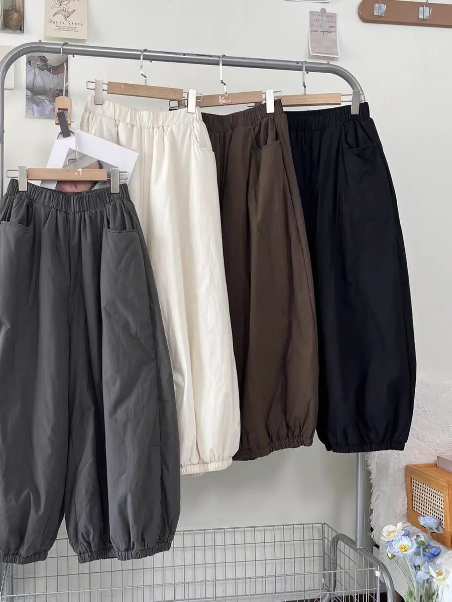 Pantaloni a lanterna a gamba larga in cotone Thiened Pantaloni larghi casual da donna di grandi dimensioni Pantaloni invernali in cotone caldo Vita elastica