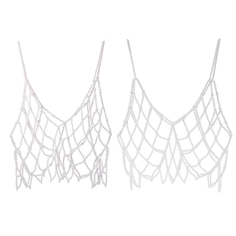 Women Handmade Woven Body Chain Camisole Imitation Pearl Crystal Beaded Vest Hollow Out Mesh for Tank Top Body Jewelry Festival