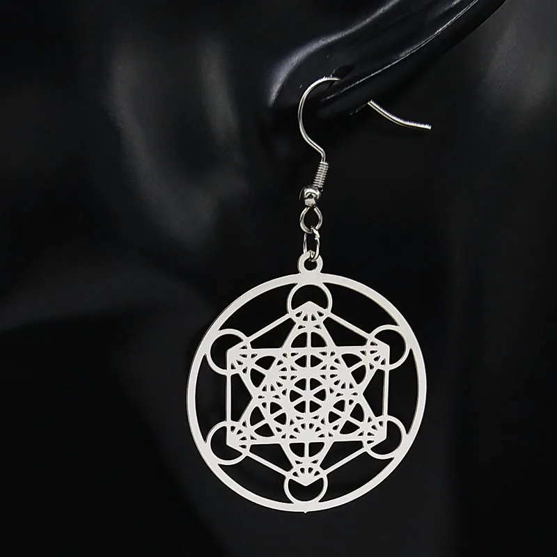 7 Chakra Yoga Buddhism Stainless Steel Earrings Metatron Cube Flower of Life Sacred Geometry Drop Earing Jewelry E4074-QKCS02