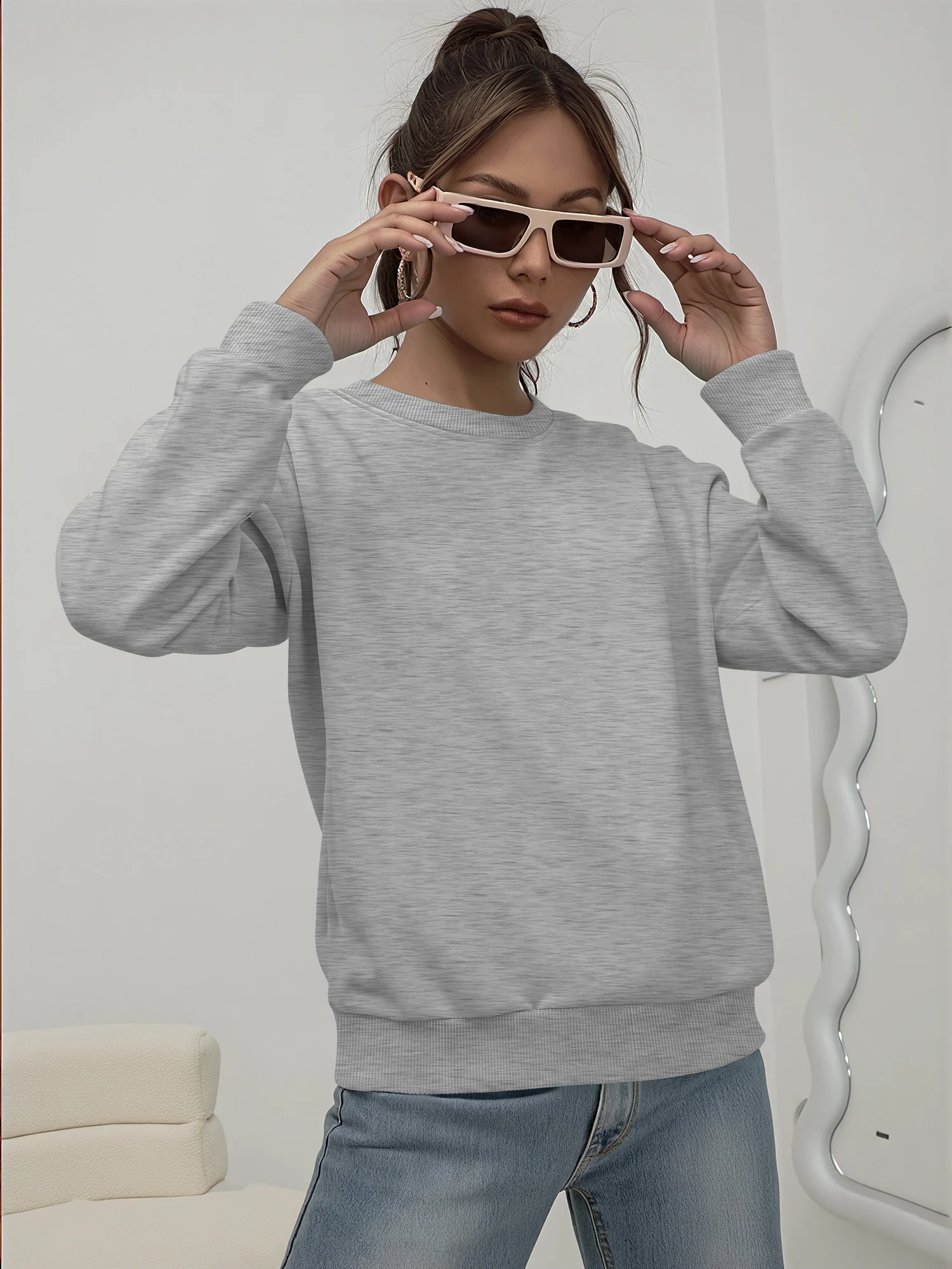 Sudadera Básica Holgada de Corte Descontraído, Top Liso de Manga Larga con Cuello Redondo para Atuendos Urbanos de Skate y Salidas Nocturnas de Fin de Semana