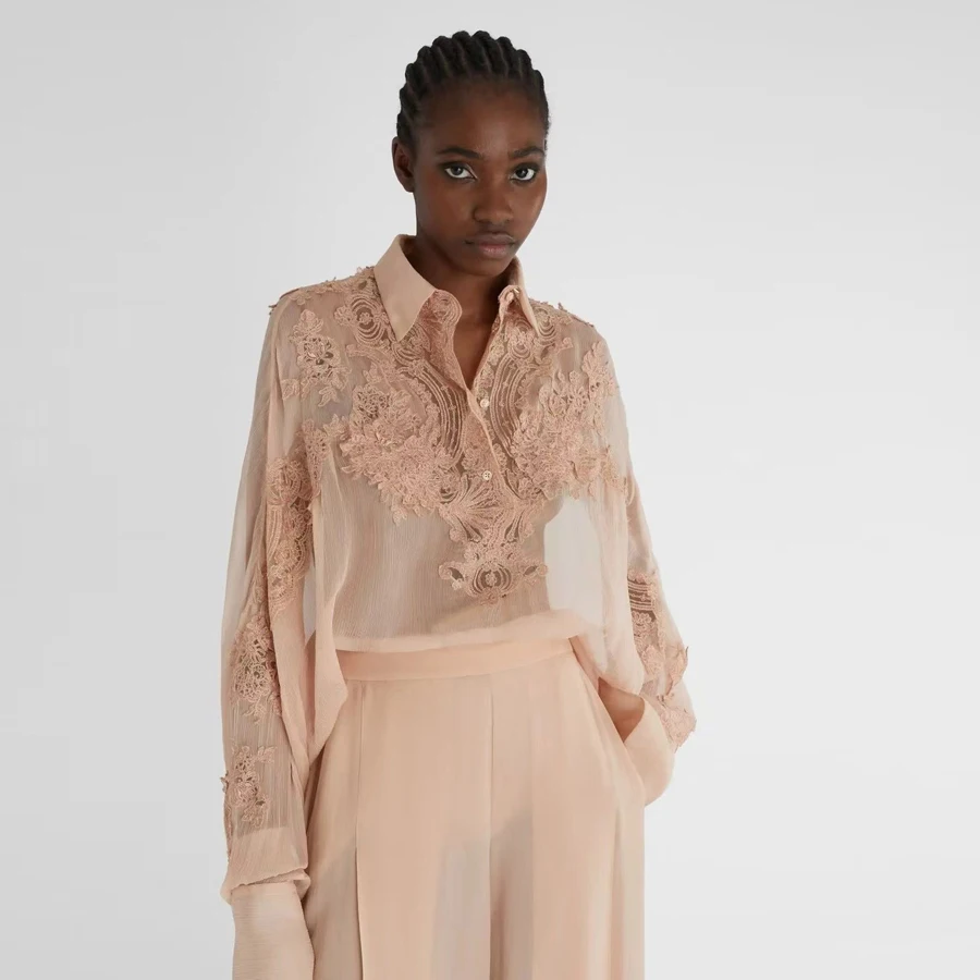 

Elegant Long Sleeve Silk Shirt Lace Embroidery See through Design Attractive And Seductive Vintage Pink High End Women's Shirt