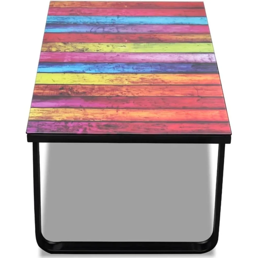Modern Coffee Table with Rainbow Printing Glass Top - Rectangular, Black Iron Frame, Tempered Glass, Industrial Style, Living R