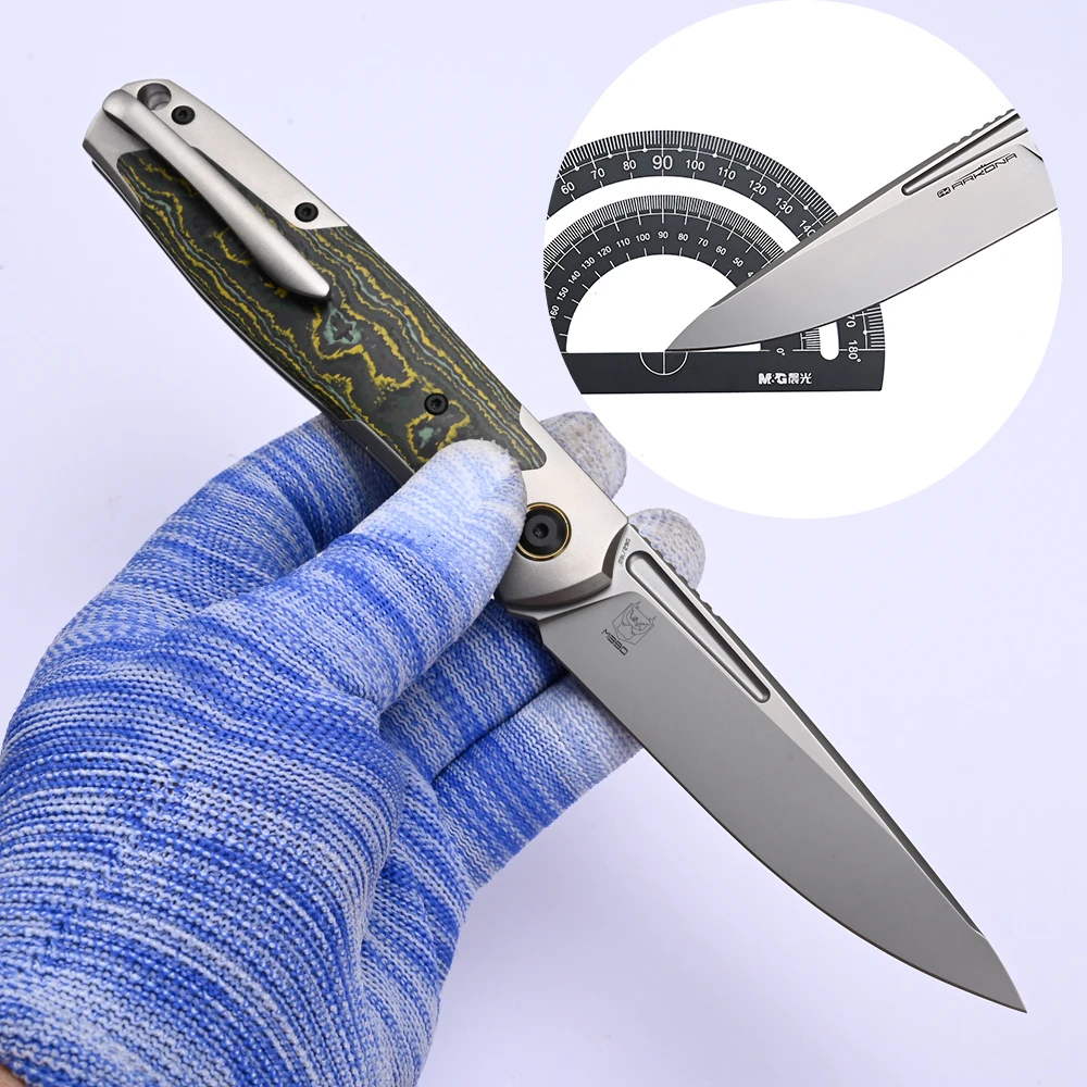 ARKONA Gethayr Folding Knife Outdoor Hunting Survival EDC CampingTools M390 Blade, Titanium Handles with FatCarbon Inlays