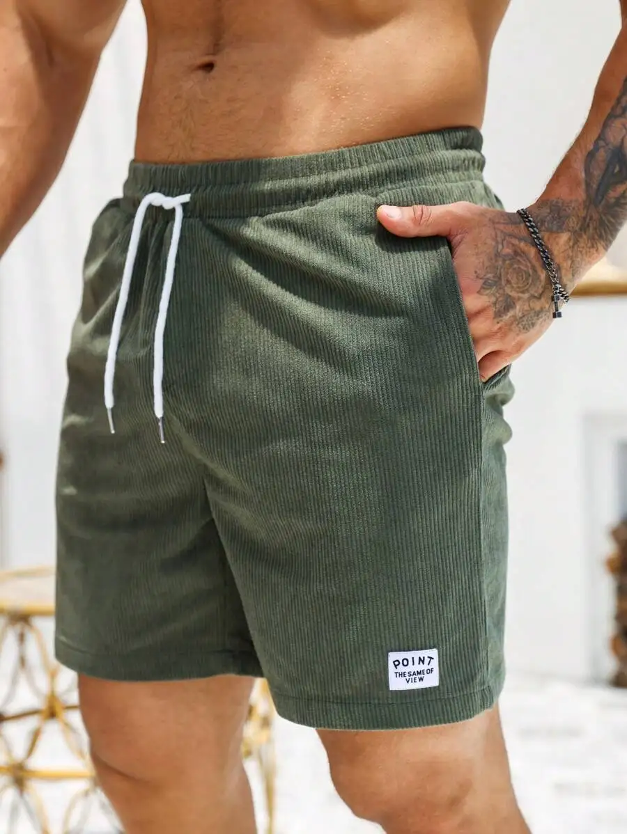 

Corduroy Mens Relaxed Fit Drawstring Shorts With Embroidered Patch, Casual Gymwear For Autumn Winter