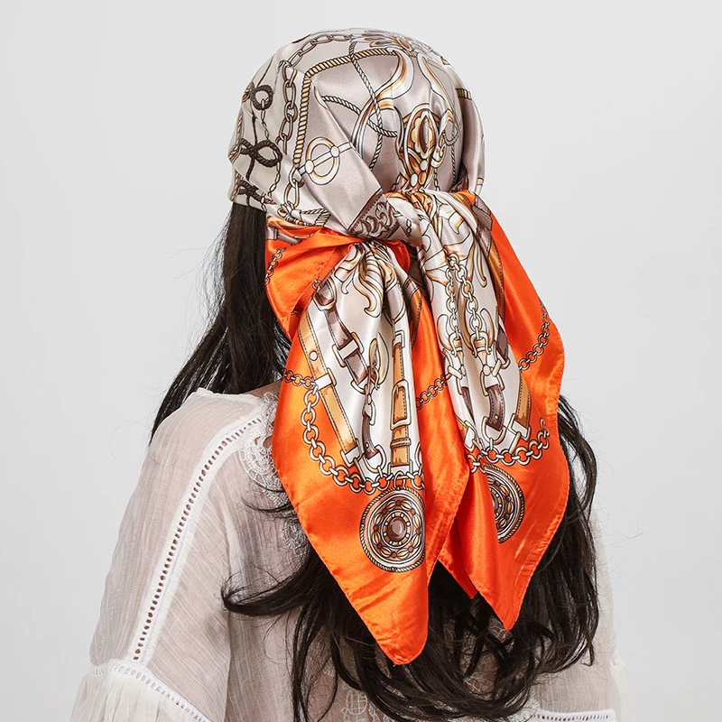 Luxus Marke 90 cm Platz Silk Schal Frauen Schals Wraps Hijab Schals Drucken Kopftuch Femme Kopf Schal Foulard Bandana Strand pareo – Detail 13