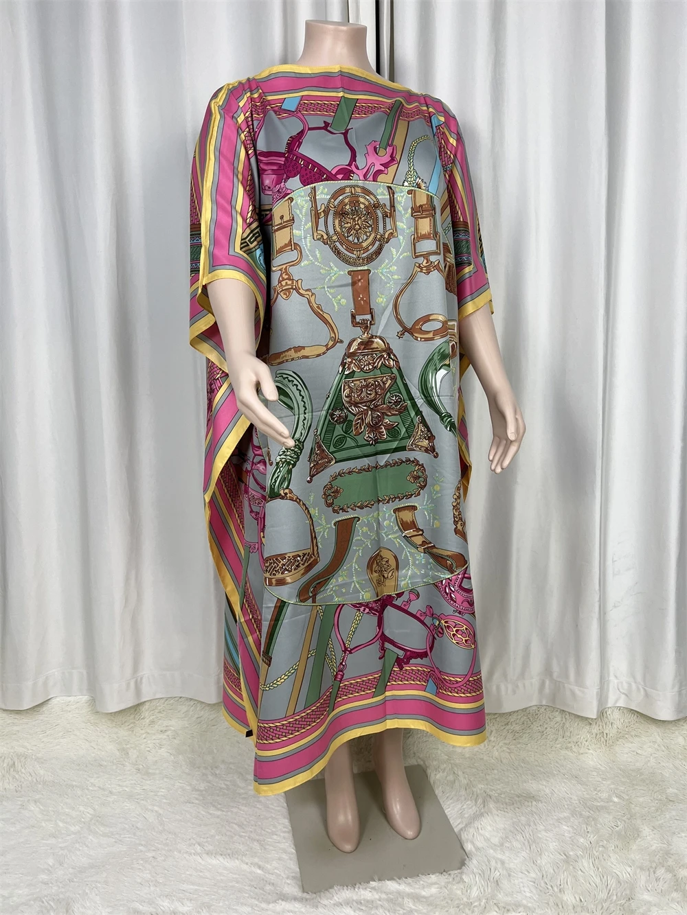 

New 2024 Saudi Arabia's Loose Printed Silk Maxi Dress Summer Beach Bohemian Robe Africa Kaftan Swim Suit Short Batwiwing Sleeve