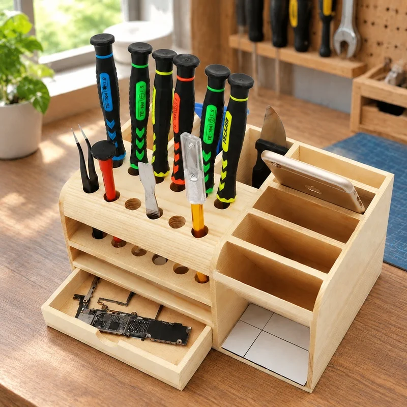 Multi-Section Wooden Tray for Electronics Repair Tools Storage Including Slots for Screwdrivers, Pliers, Tweezers, and Small