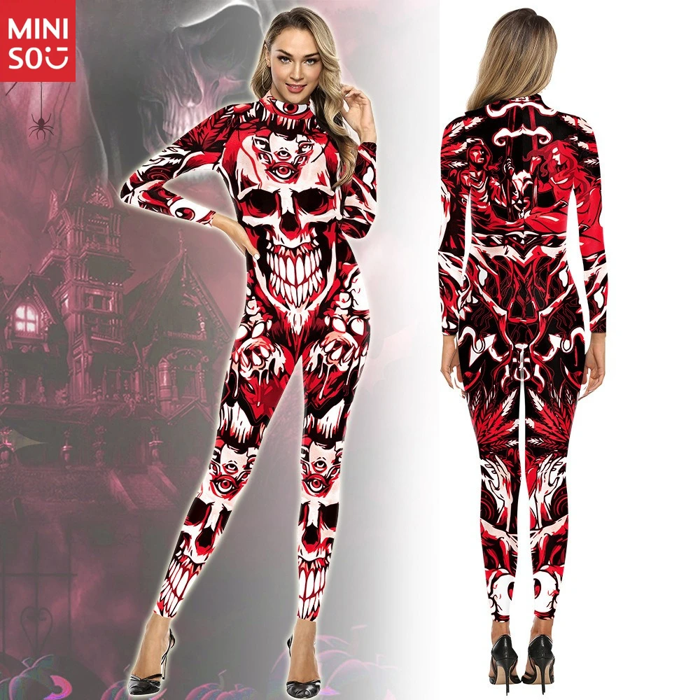 

Miniso 2025 Halloween Skeleton Print Bodysuit - Creative Digital Art Costume for Party & Stage Performance