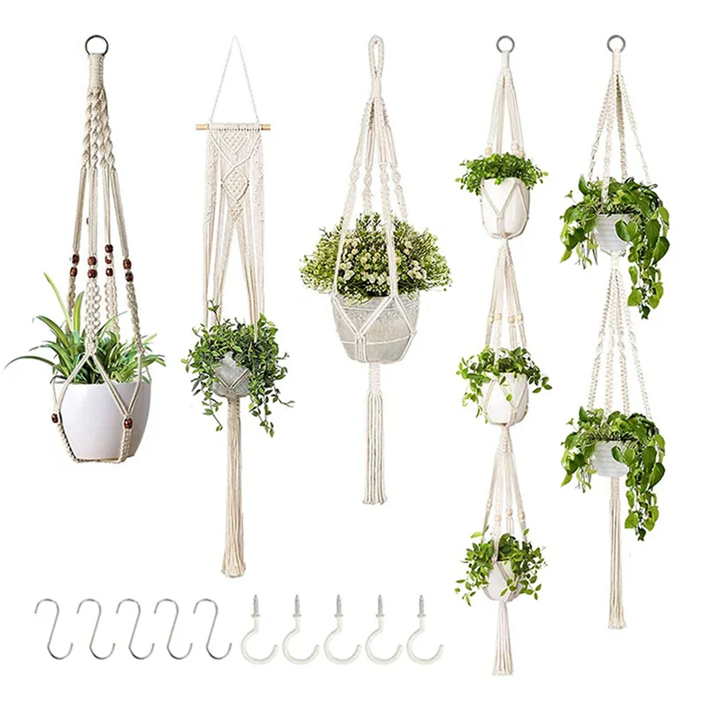 

A21I-Hand-Made Flower Stand, Adjustable Knotting Rope, Woven Hanging Basket, With Flowerpot Tray, Used In Indoor Garden.