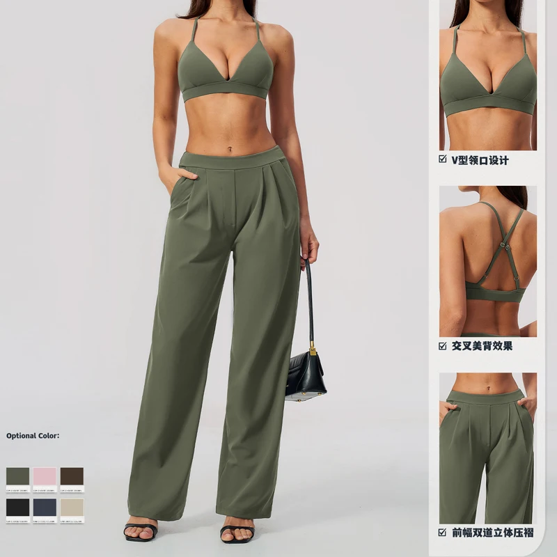 Womens Yoga Set Fitness Suit Gym Clothing Running Workout Outfits Sportswear Tracksuit Set V Neck Cross Bra Wide Leg Pleat Pants