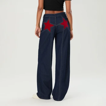 Y2K Star Print Straight-Leg Jeans 6 Women's Y2K Vintage Jeans Aesthetic Star Pattern Print Loose Straight Leg Denim Long Pants Casual Low Waist Trousers 6