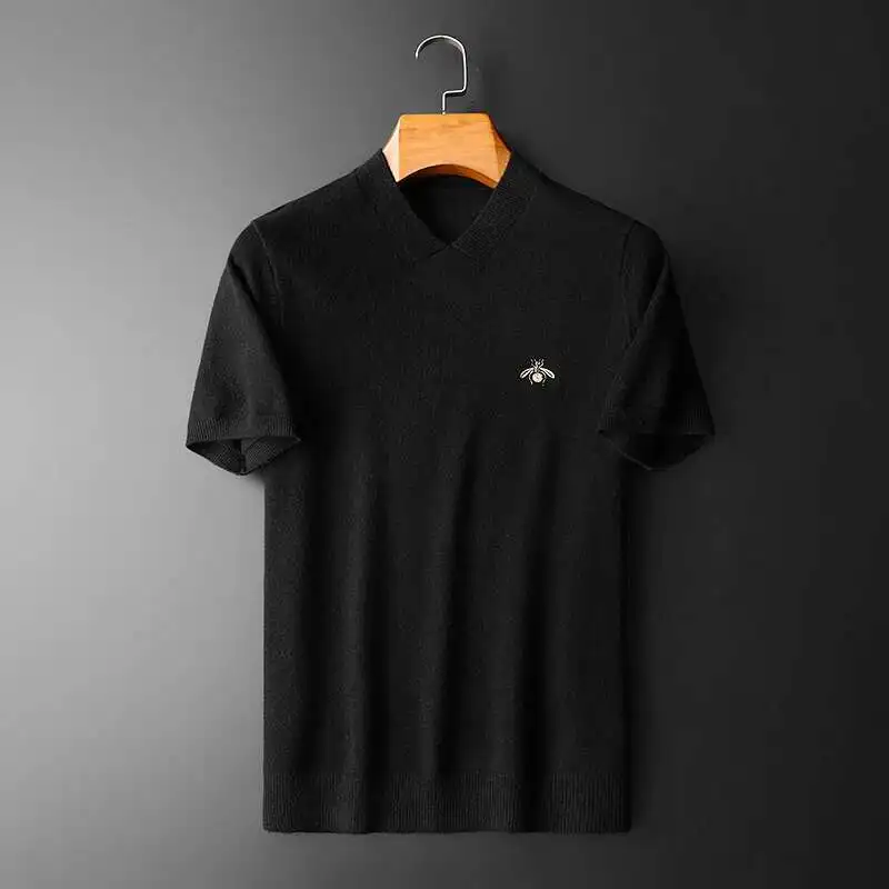 High Quality Solid Simple Knitted Wool T-shirt 2024 FALL Short Sleeve Casual T-Shirt Business Social V-neck Tops Tees Streetwear