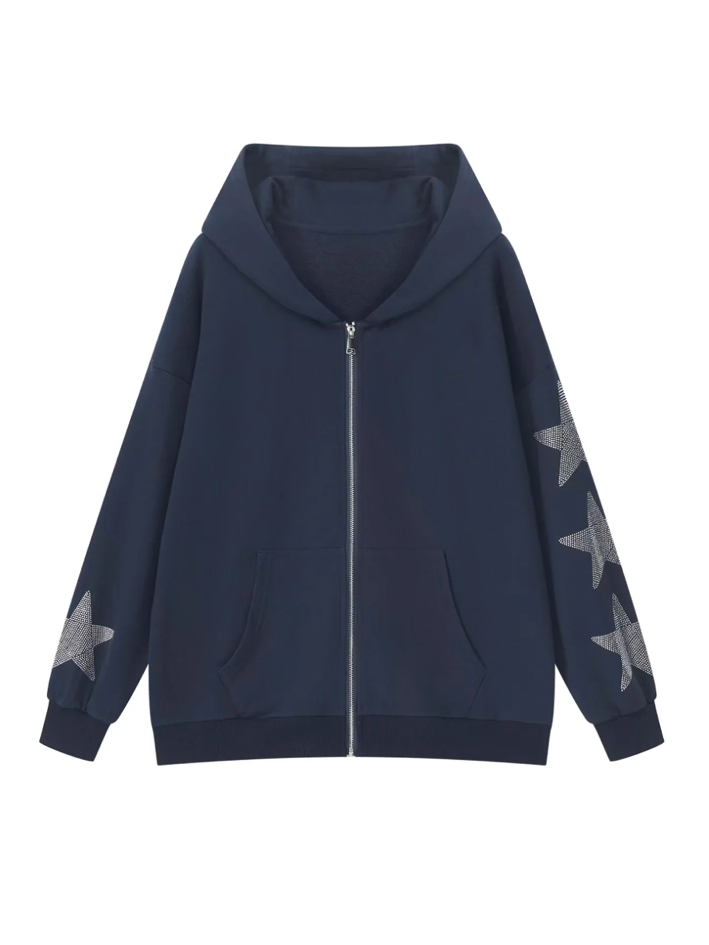 Retro Style Glitter Star Embellished Hoodie Zipper Cardigan Women's Loose Fit Fashionable Outerwear Spring Autumn Seasonal