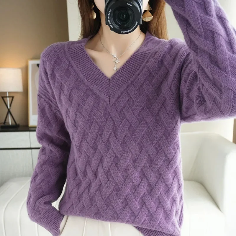 

Korean Feminine Long Sleeves Knitted Tops Women V-Neck Loose Knitting Coat Autumn Ladies Lazy Wind Solid Color Pullover Sweater