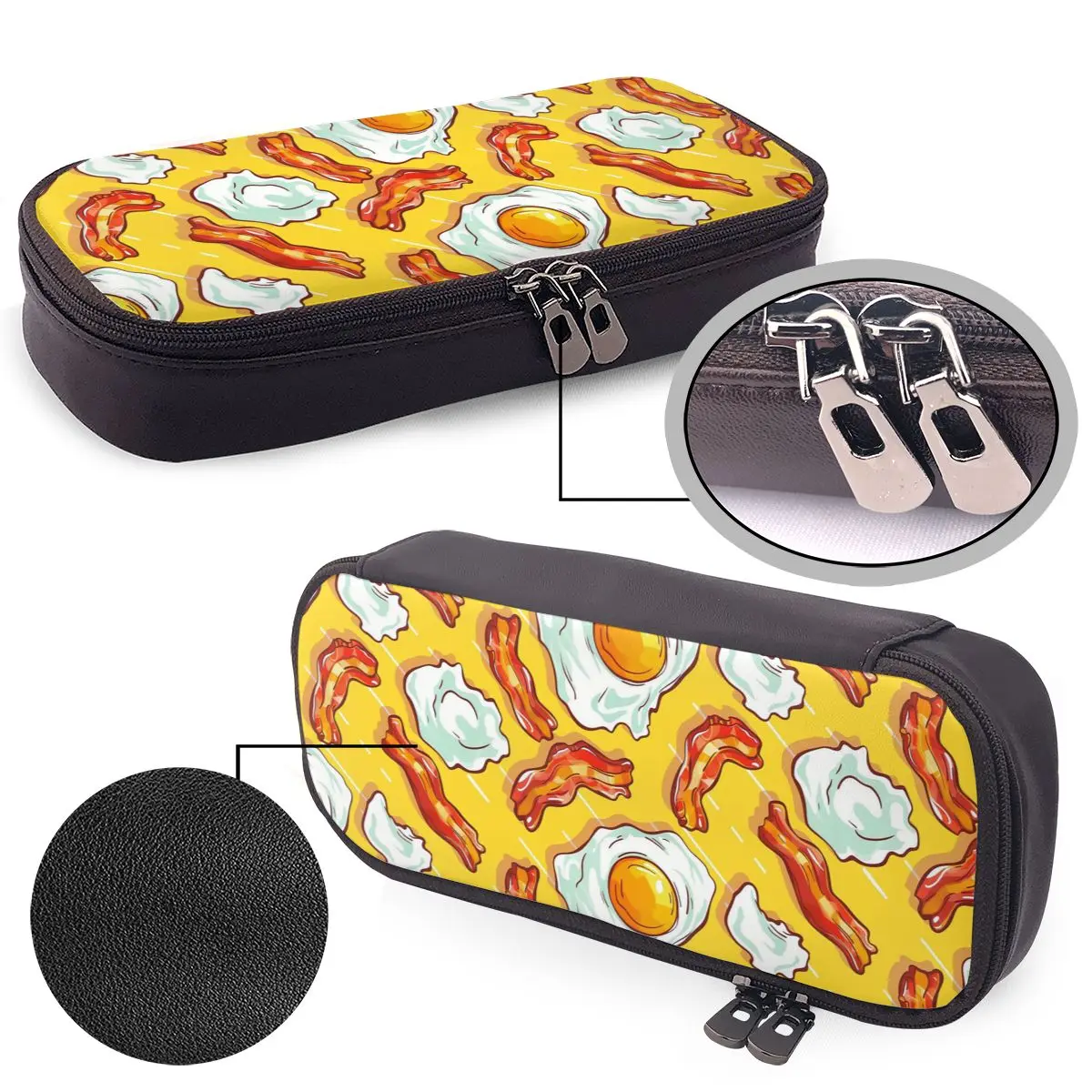 

Fried Egg Bacon Gourmet Energy Breakfast Leather Pencil Case Pencil Pouch Storage Stationery Supplies Pen Box Pencil Bag for Kid
