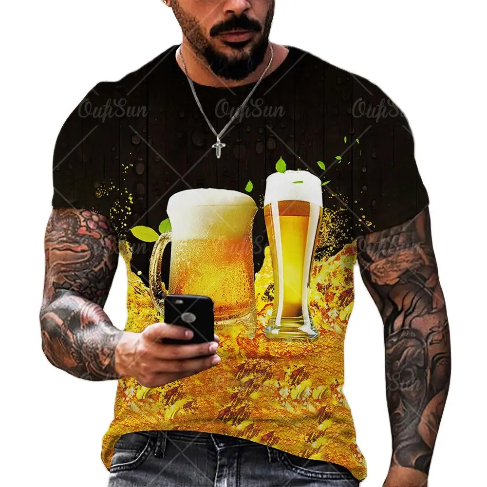 Breathable T Shirts For Men Short Sleeve Loose O-Neck Tops Tees Oversized Streetwear Beer 3D Print Summer Polyester Clothing