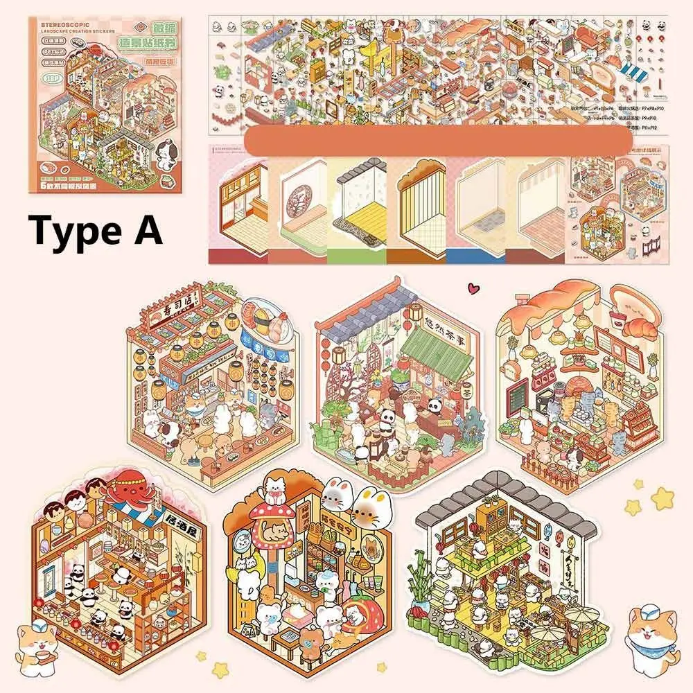 Cartoon 3D Landscape Sticker Book Three-dimensional DIY Cabin Scene Pocket Sticker Miniature Scene Book Student Kid Child