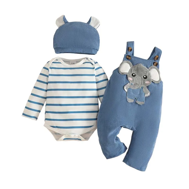

3Pcs Baby Outfit Set Newborn Boy/Girl Striped Long Sleeves Onesie and Cartoon Elephant Trousers and Hat Clothing Set 0–18Months
