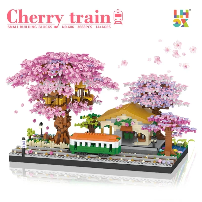 3668pcs Sakura House Tree Trains Station Building Blocks Cheer Flowers City Street View Assemble Bricks Collection Adult Toys