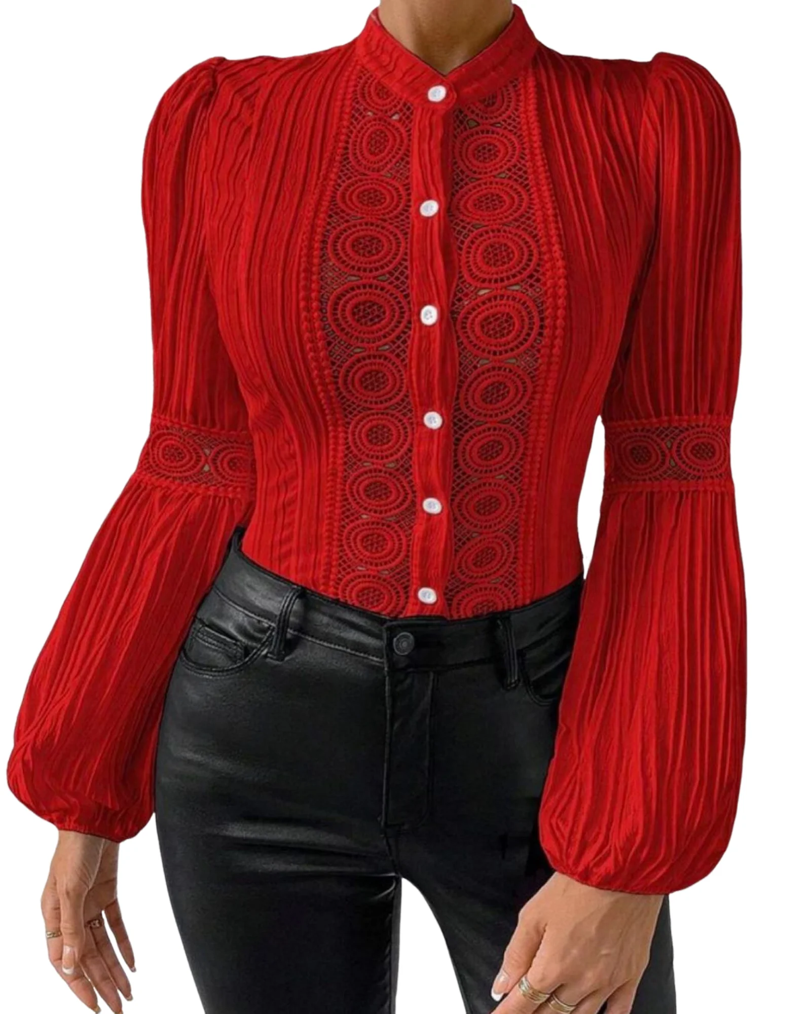 

Women's Fashion Lace Stitching Shirt Lantern Long Sleeve Solid Color Stand Collar Shirt for Party