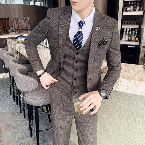 S-6XL ( Blazer + Vest + Pants ) Brand Men\'s Formal Business Suit Three-piece Set Groom Wedding Party Dress Solid Color Plaid