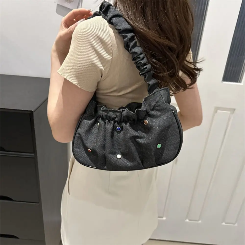 

Nylon Material Cloud Handbag Colored Diamond Decoration Zipper Style Pleated Underarm Bag High Capacity Shoulder Bags