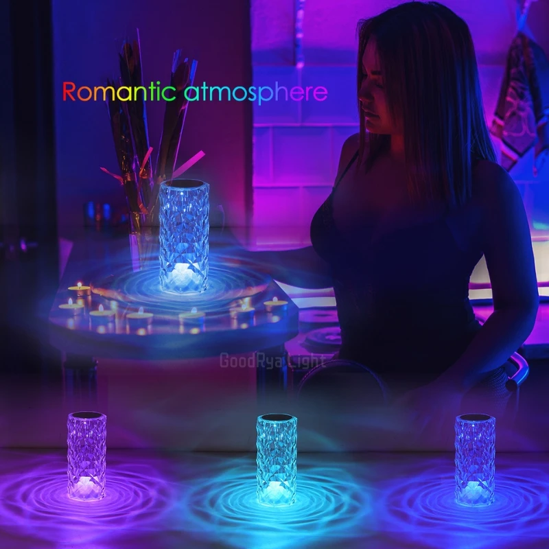 LED Round Crystal Table Lamp Touch Remote Control RGB Romantic Rose Colour Changing For Bedroom Bedside Decoration Night Lights