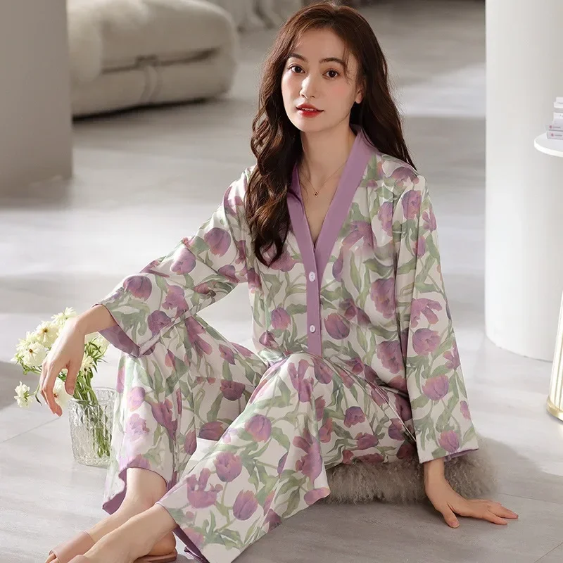 Women\'s Pajamas Set Plus Size Sleepwear Homewear Cardigan Long Sleeves Student Nightwear Loungewear Two-Piece Set Sweet Floral