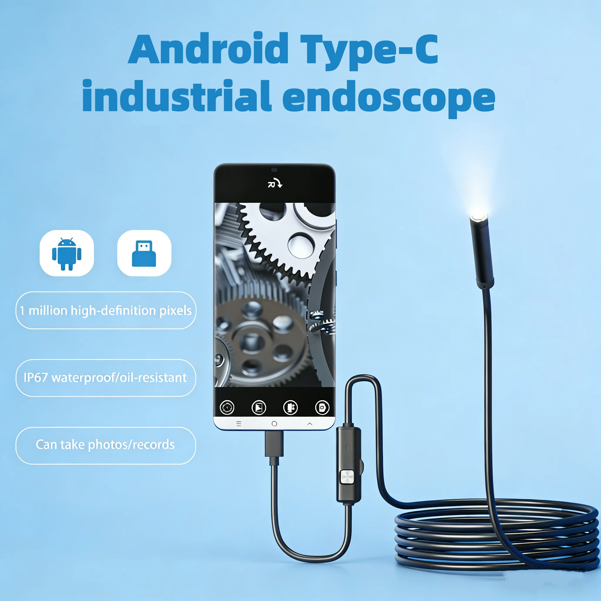 7.0MM TYPE-C Endoscope Camera IP67 Waterproof 6 LEDs Adjustable USB Android Inspection Borescope Cameras for Phone PC