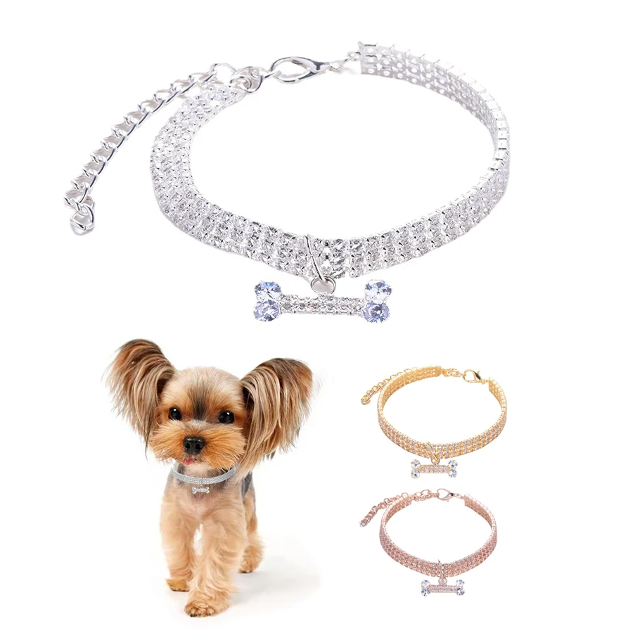 

Small Dog Collars Luxury Rhinestone Bone Pet Cat Collar Necklace Collier Chain for Teddy Puppy Shiny Fashion Silver Gold Color