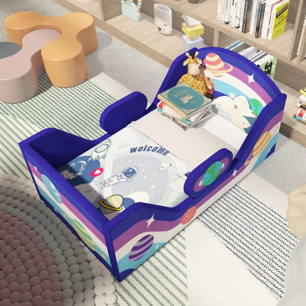 

Toddler Bed Round, Toddler Bed with Rail and Round headboard, Standard Crib Size Toddler Upholstered Bed for Children 18 Months