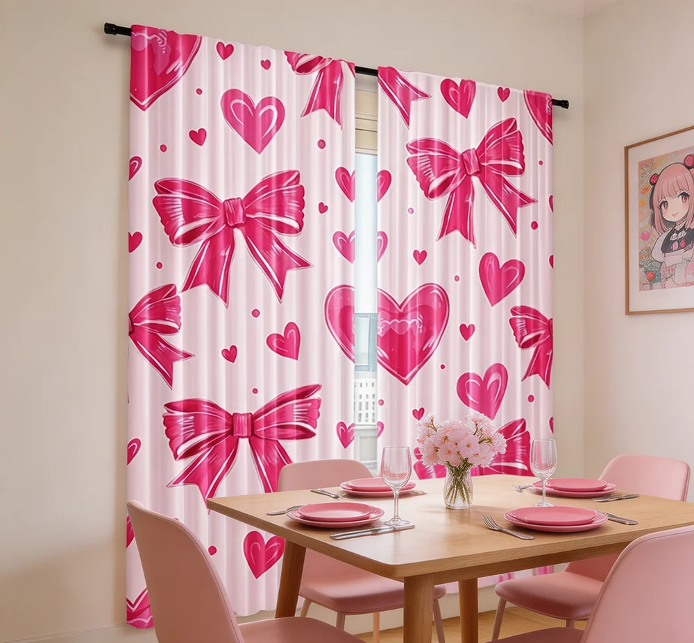 2PCS Digital Printed Curtains, Pretty Girl Pink Bow Pattern, Beautiful Window Drapes for Living Room Bedroom Home Decor