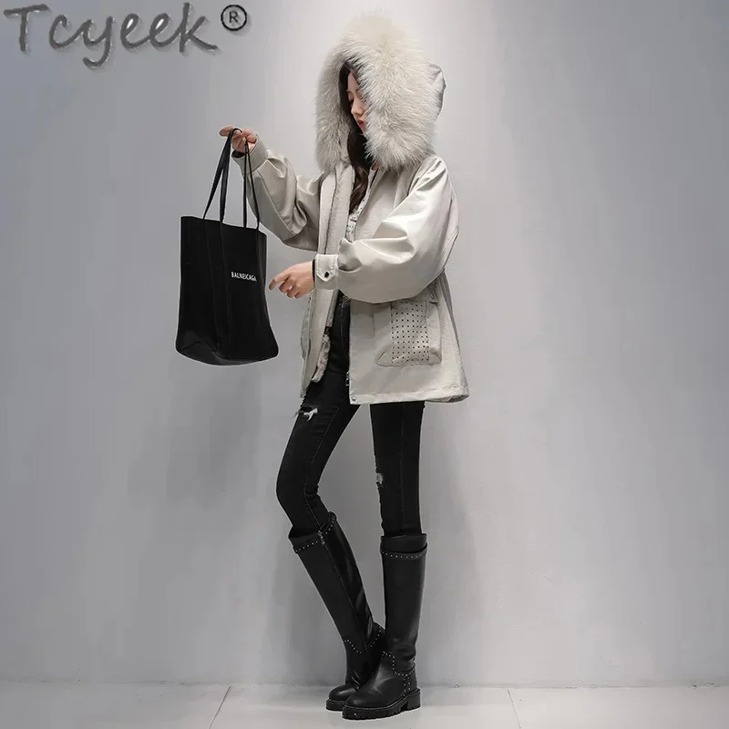 23 Tcyeek collo di procione inverno elegante Parka medio-lungo donna Warm Rex fodera in pelliccia di coniglio cappotto staccabile vestiti donna