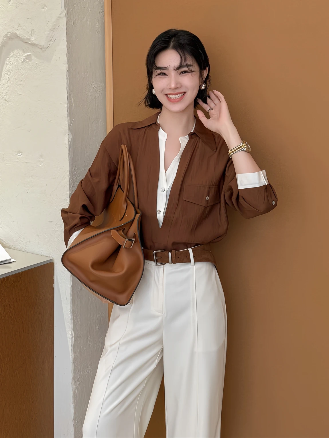 

Коричневая рубашка от ZEROYK, свободного кроя, женская, удобная для поездок на работу, универсальная, с длинным рукавом, с воротником, из полиэфирного волокна