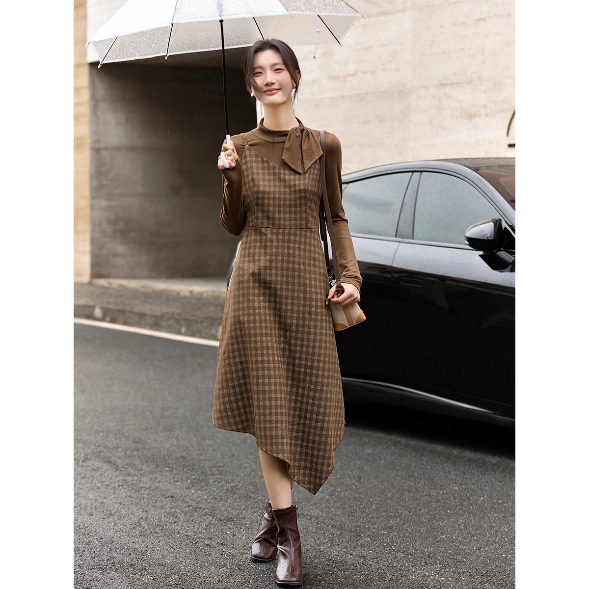 VINLY Eleganckie damskie komplety sukienkowo-garniturowe 2025 Zima Bluzki bazowe z kokardą Asymetryczny dół Sukienka na szelkach w kratę Damski zestaw dwuczęściowy 30519