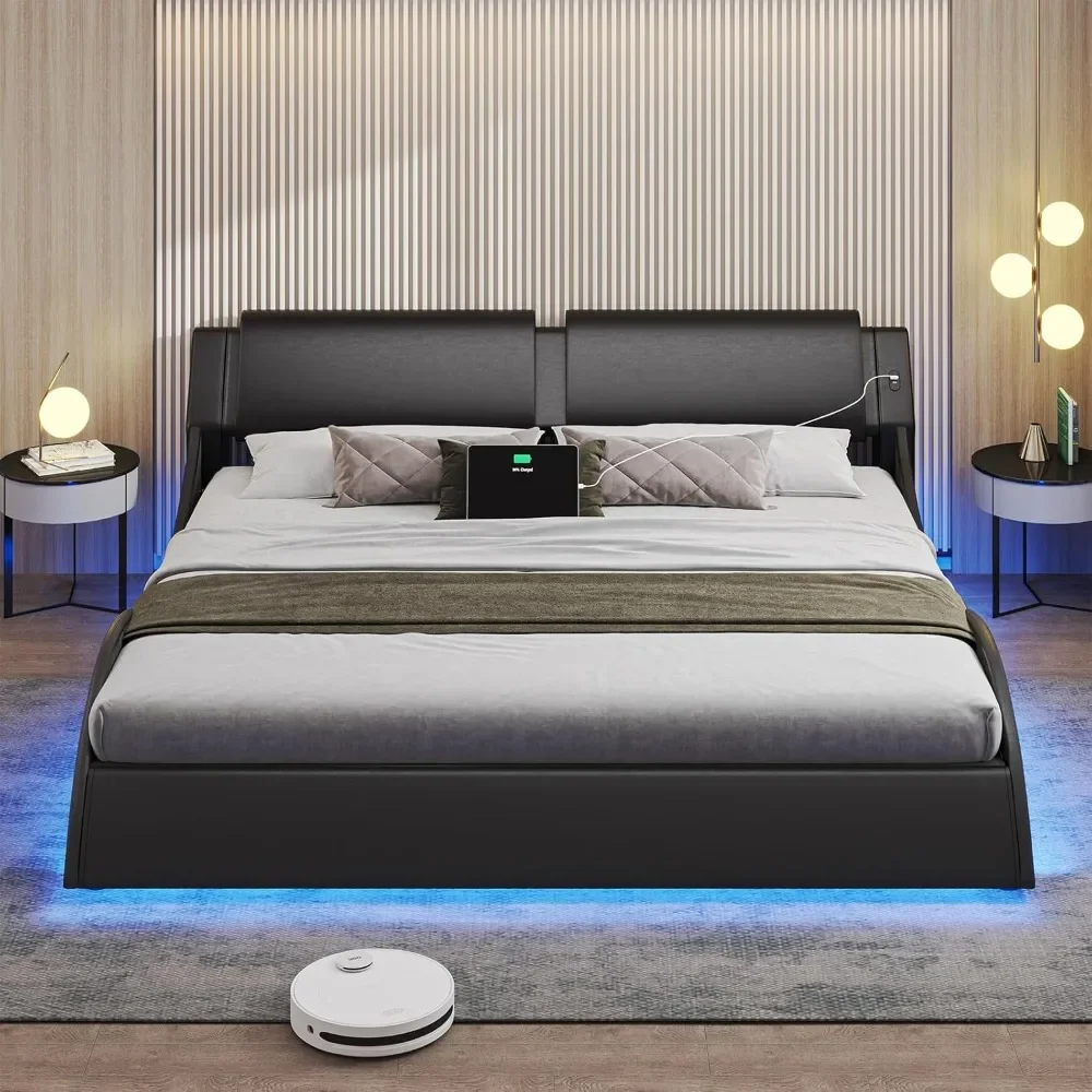 Bed Frame-California King  Led Lights and USB & Type-c Ports Cali King Platform Bed Frame Headboard Faux Leather Wave