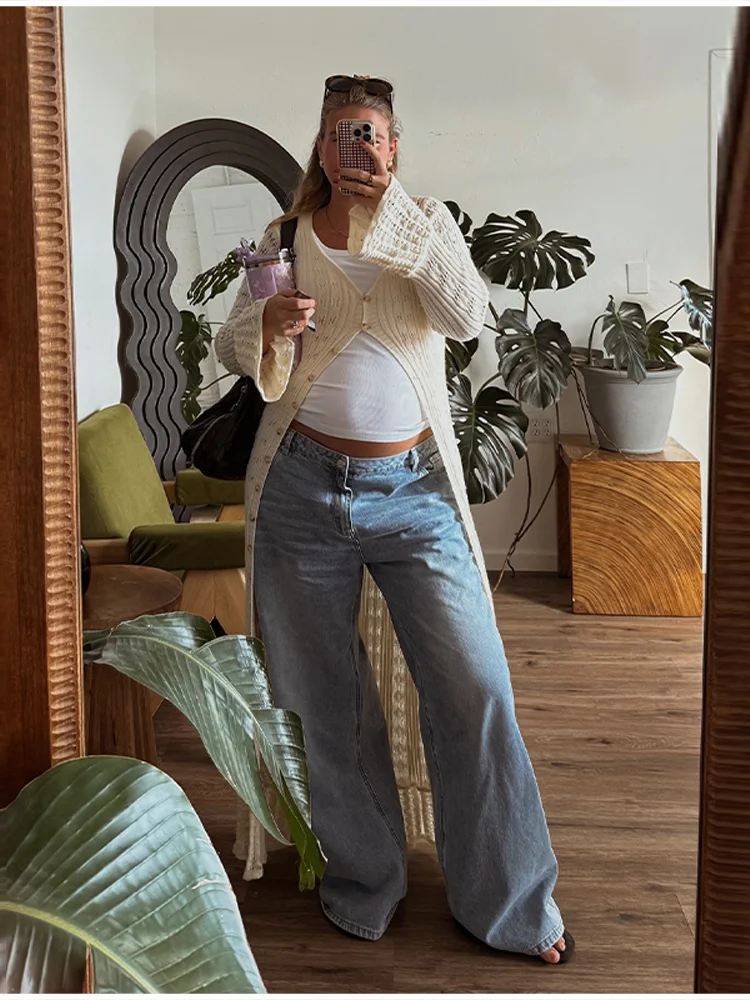 

New Fashion Elegant Long Knitwear Autumn Classical Simple V Neck Daily Street Jacket Women's Versatile Hollow Ruffle Hem Sweater