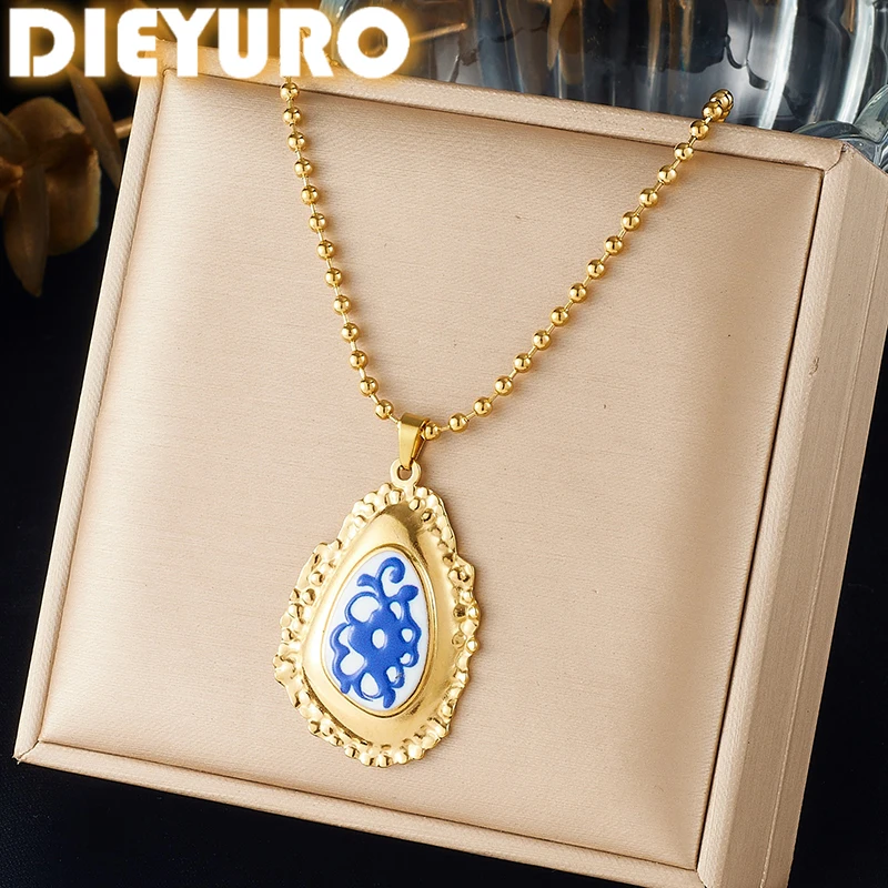DIEYURO 316L Stainless Steel Blue White Porcelain Enamel Golden Ruffled Edge Pendant Necklace Women Classic Non-fading Jewelry