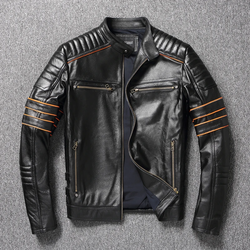 YR!Free shipping,sales.Black Mens genuine leather jacket.cowhide coat.short slim skull motor biker jackets,plus size.quality