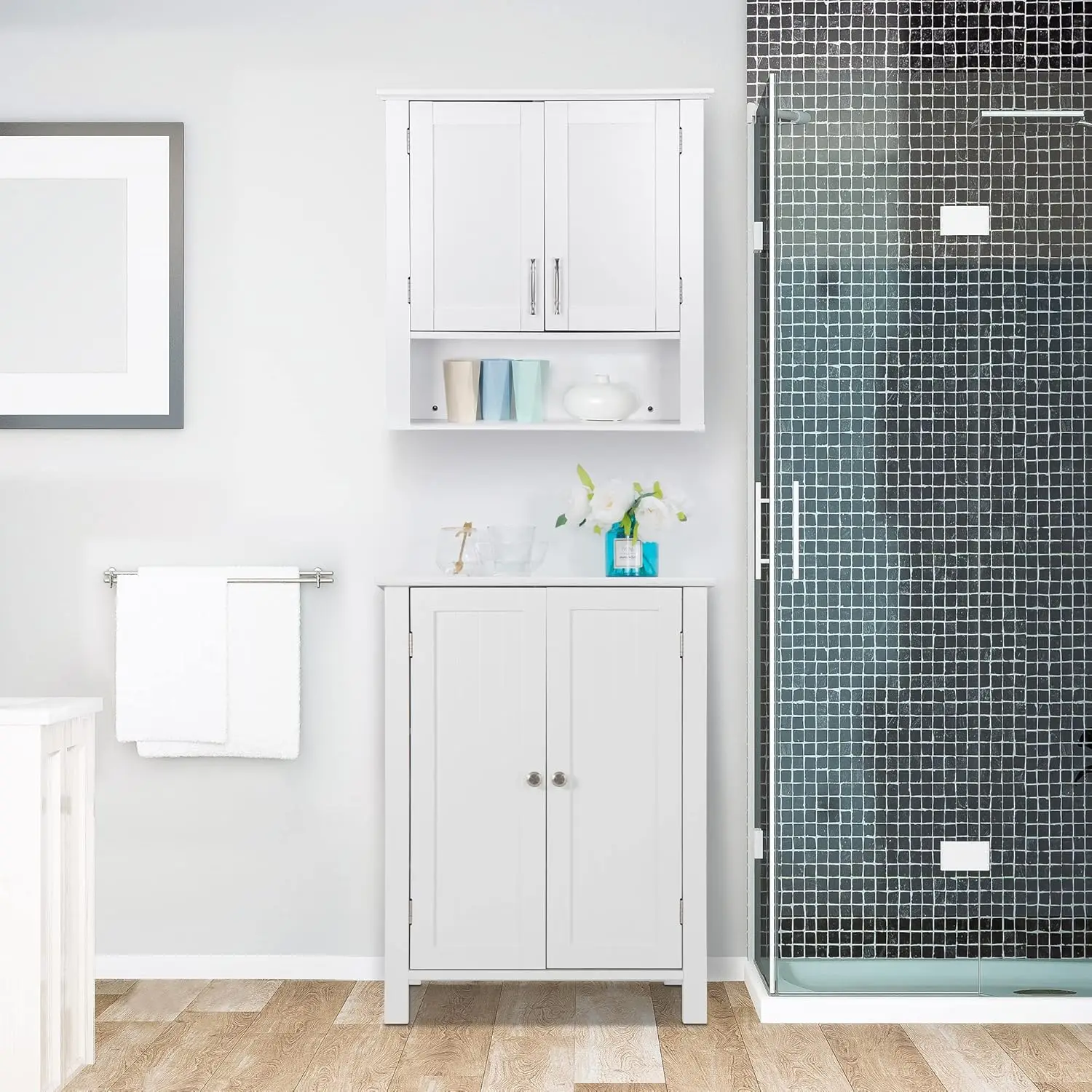 

Modern Bathroom Floor Storage Cabinet with Adjustable Shelf and Double Door Rust Proof