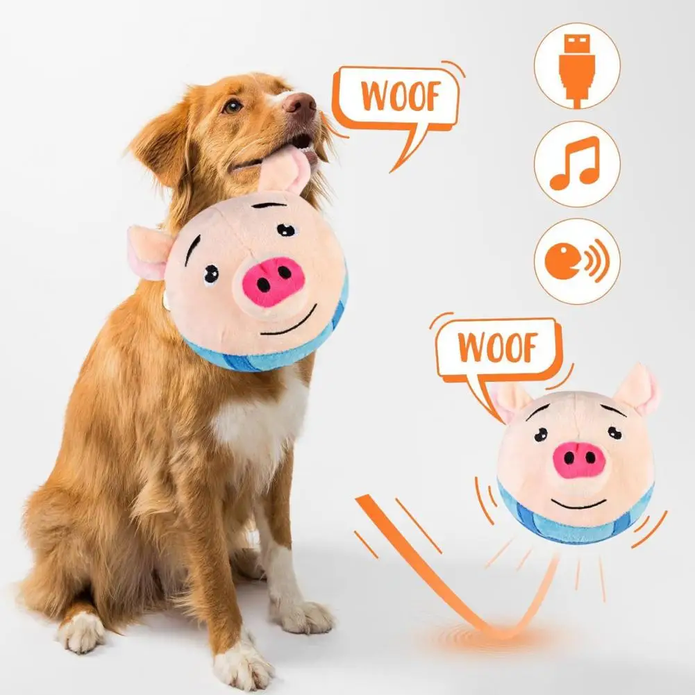 Active Moving Pet Plush Toy Electronic Bouncing Ball Cartoon Animals Dog Toy Rechargeable Talking And Repetitive Ball Puppy Toy